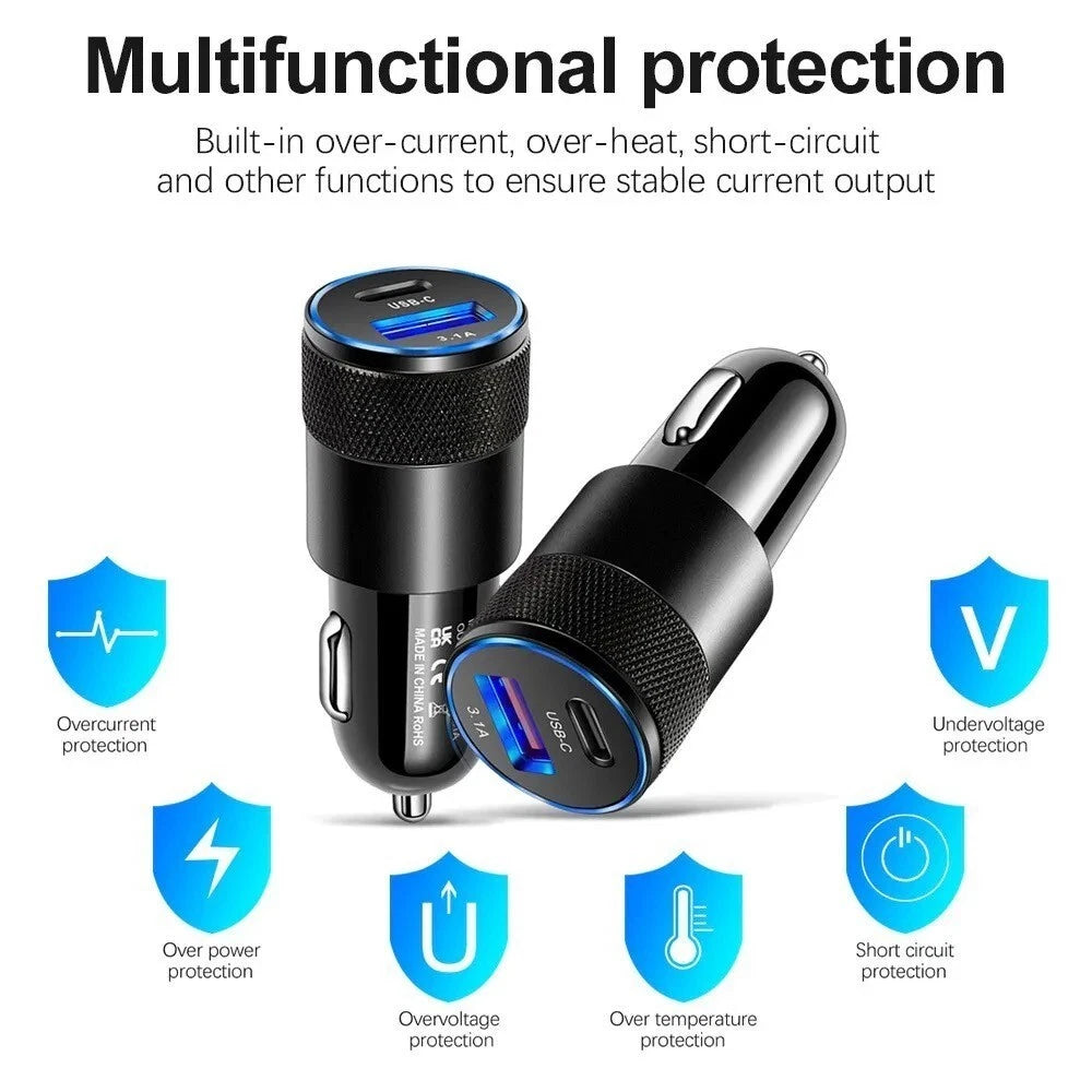 A black dual-port USB car charger adapter with a blue LED light, featuring infographic shields detailing over-current, over-heat, short-circuit, and overvoltage protection features.