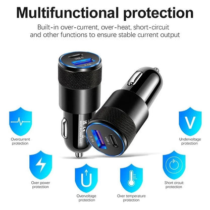A black dual-port USB car charger adapter with a blue LED light, featuring infographic shields detailing over-current, over-heat, short-circuit, and overvoltage protection features.