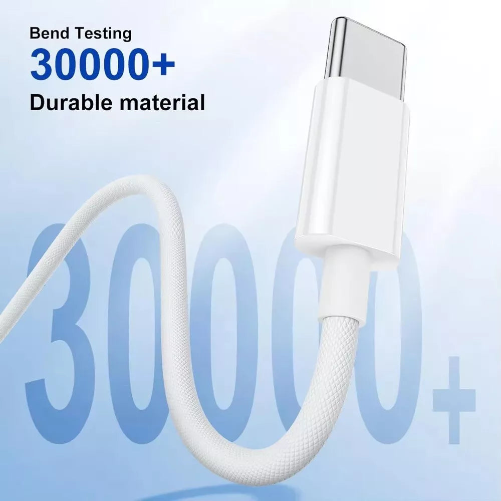 A close-up of a white, braided USB cable connector, with text emphasizing its "30000+ Bend Testing" and "Durable material" specifications for long-lasting use.