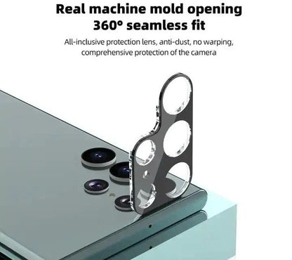 Black tempered glass 360-degree seamless fit camera lens protector for Samsung Galaxy S23 S24 Ultra, offering full, anti-dust, and anti-scratch protection.
