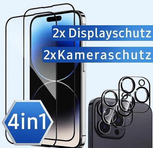 A product packaging graphic showing a "4in1" kit that includes two tempered glass screen protectors and two individual camera lens covers. The items are shown on an iPhone 14 Pro Max model, with text reading "2x Displayschutz" and "2x Kameraschutz" (screen protector and camera protector).