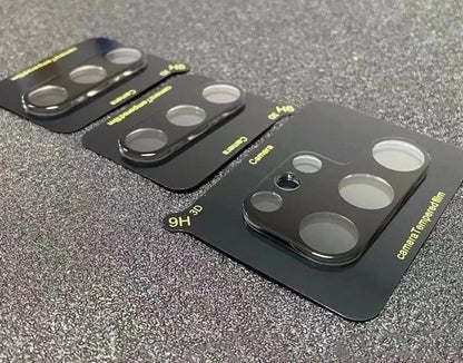 Black 9H hardness 3D tempered glass camera lens protector film, designed to prevent scratches and provide full coverage for smartphone cameras.
