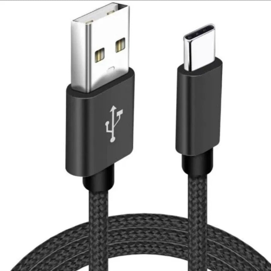 A close-up view of a black, braided charging cable featuring a USB Type-A connector on the left and a USB Type-C connector on the right, suitable for charging and data synchronisation.