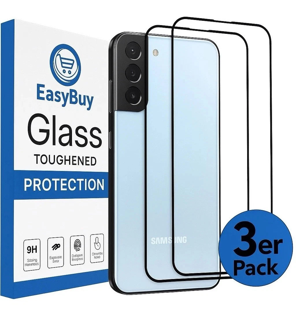 "Image showing an EasyBuy Glass 3-pack box alongside three 9H toughened glass screen protectors for the Samsung Galaxy S22"
