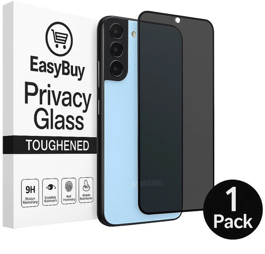 A retail box for "EasyBuy Privacy Glass" alongside a light blue Samsung Galaxy S22 smartphone with the screen protector applied and a loose dark privacy glass cover, featuring icons for 9H hardness and anti-peep technology.