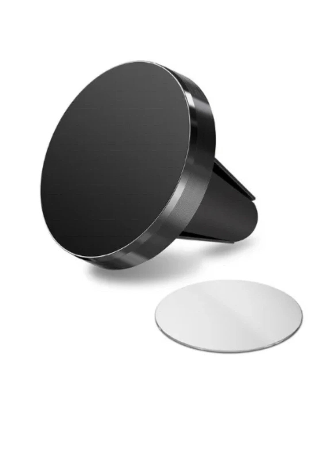 A black, round magnetic phone mount with an air vent clip attachment and a separate circular adhesive metal plate.