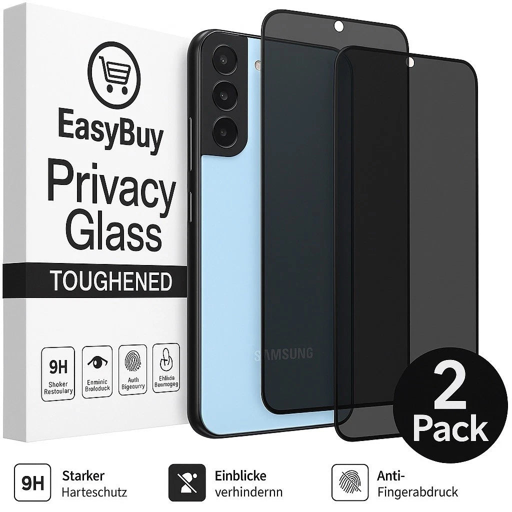 A white product box for "EasyBuy Privacy Glass" next to a light blue Samsung smartphone with a black privacy screen protector applied. A second protector is shown next to the phone. Text overlays highlight features like "9H Toughened", "2 Pack", and "Anti-Fingerabdruck" (anti-fingerprint).