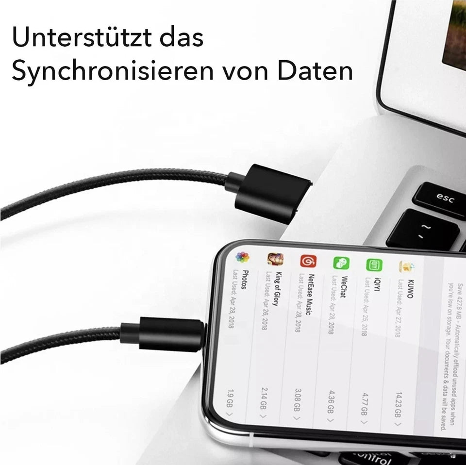 A black USB C cable connecting a smartphone to a laptop, featuring German text on the screen and in the corner that reads "Unterstützt das Synchronisieren von Daten".