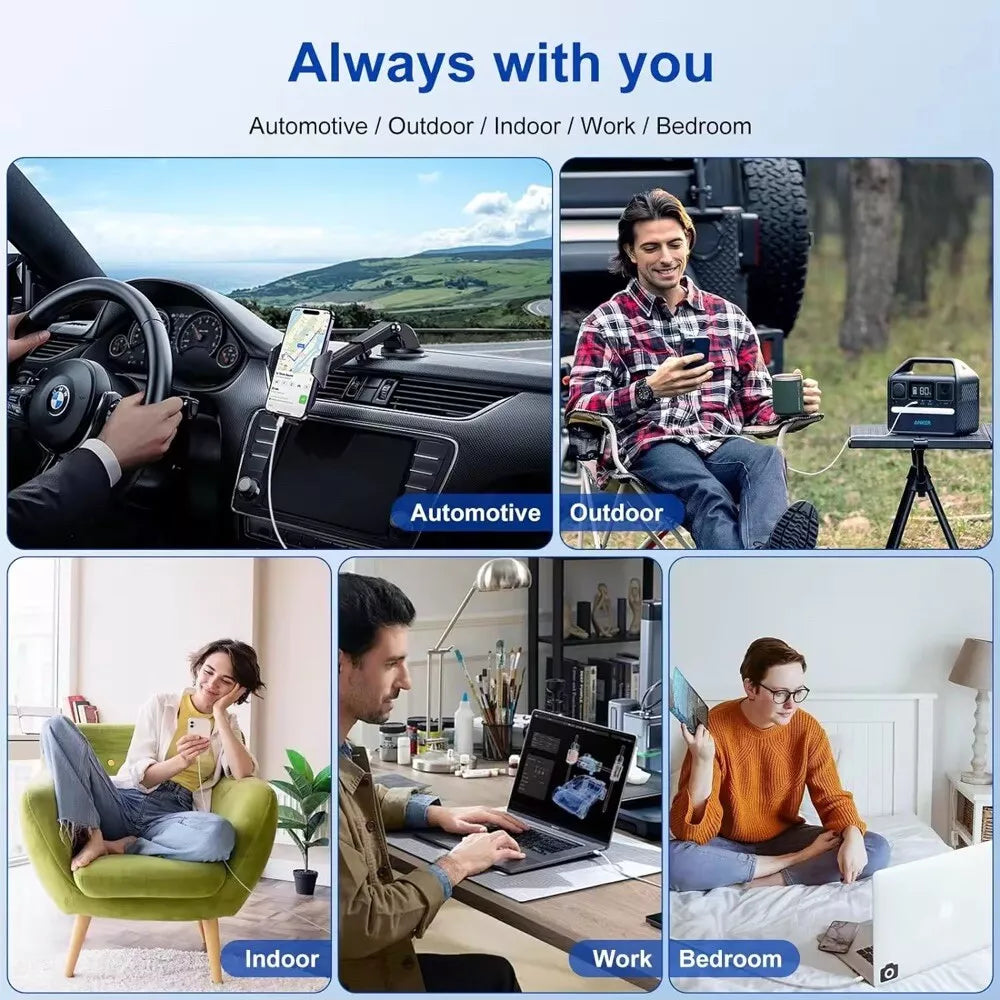 A five-panel collage illustrating a product being used in various locations labeled "Automotive," "Outdoor," "Indoor," "Work," and "Bedroom".