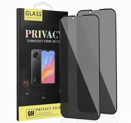 EasyBuy Privacy Screen Protector packaging featuring a Huawei Y Series Android smartphone with a 9H tempered glass privacy film being applied to the display