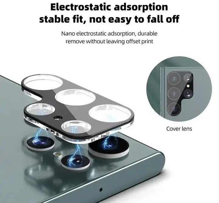 Smartphone camera lens protector installation guide highlighting nano electrostatic adsorption for a stable, bubble-free fit that removes cleanly without residue.
