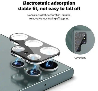 Smartphone camera lens protector installation guide highlighting nano electrostatic adsorption for a stable, bubble-free fit that removes cleanly without residue.
