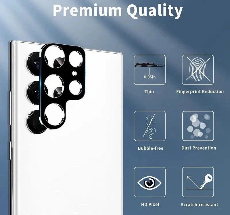 Black individual tempered glass camera lens protectors for Samsung Galaxy Ultra, featuring 0.05in thin design, 9H hardness, scratch resistance, and HD clarity.

