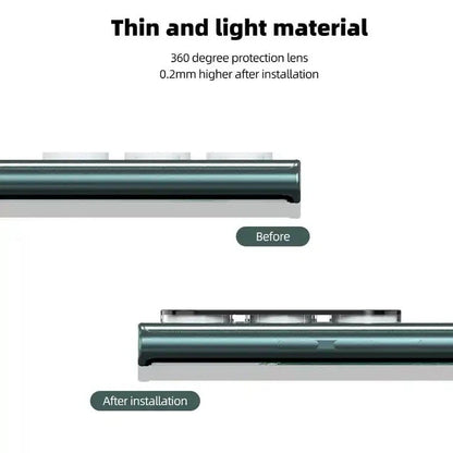 Thin and light 360-degree coverage tempered glass camera lens protector for Samsung Galaxy S series phones, showing before and after installation comparison.
