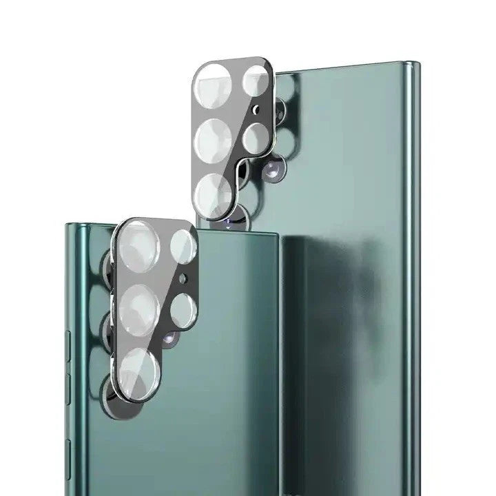 Green aluminum alloy and 9H tempered glass camera lens protectors for Samsung Galaxy S24 Ultra, offering full coverage and scratch resistance.
