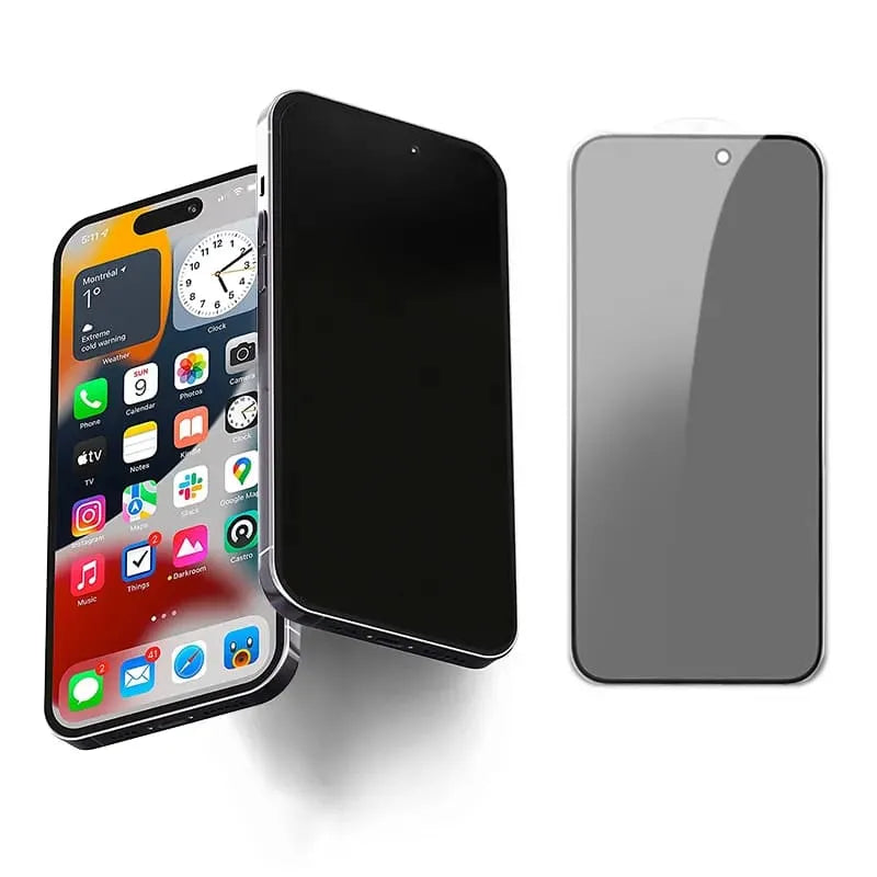 Three smartphones are displayed against a stark white backdrop. The leftmost phone is active, displaying a vibrant screen filled with app icons and widgets that indicate the weather, time, and various applications. This phone is positioned at an angle, offering a clear view of its screen contents. To its right, a second phone stands with its screen entirely black, suggesting it is either turned off or displaying a black screen. This phone is set slightly behind the active phone, creating a sense of depth. 