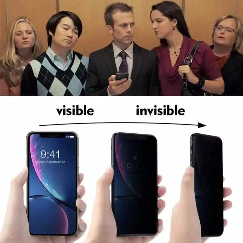a meme that includes a top section featuring a group of people in an elevator looking around. The man in the suit appears to be occupied with his phone. The second section of the image shows three different versions of a cellphone, progressing from 'visible' to 'invisible', presumably as a joke or a commentary on phone usage and awareness.