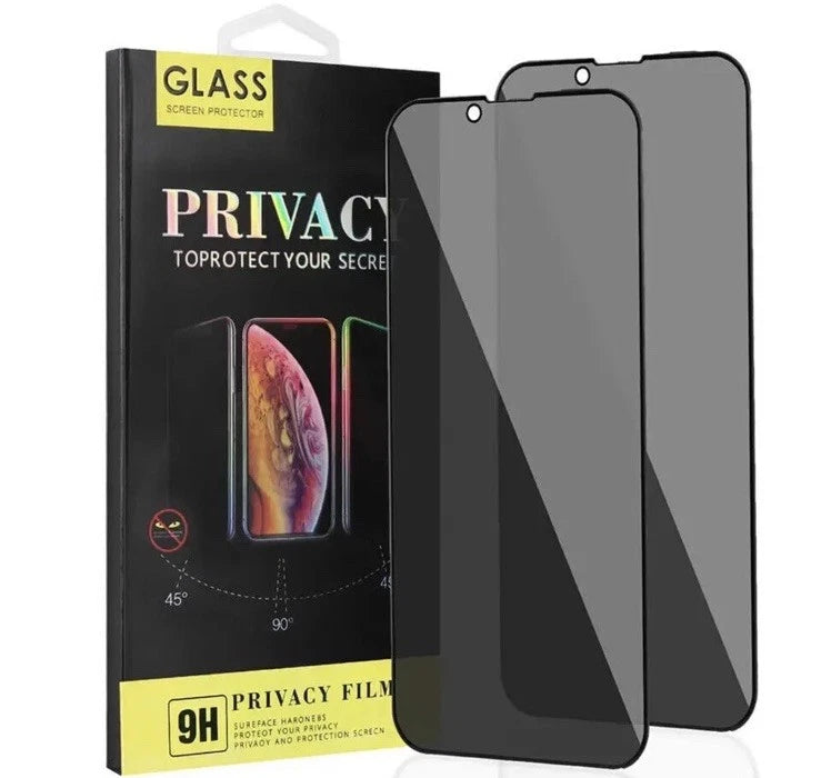 Retail packaging for a 9H hardness privacy tempered glass screen protector for iPhone X, iPhone XS, iPhone 11 Pro, and iPhone 11 Pro Max.