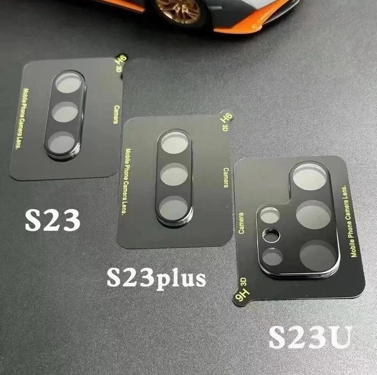 Comparison set of black 9H hardness 3D tempered glass camera lens protectors for Samsung Galaxy S23, S23+, and S23 Ultra models.
