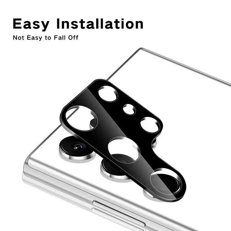 Black tempered glass camera lens protector for Samsung Galaxy S22 S23 Ultra, featuring easy installation, scratch resistance, and strong adhesion.
