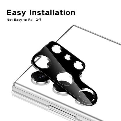 Black tempered glass camera lens protector for Samsung Galaxy S22 S23 Ultra, featuring easy installation, scratch resistance, and strong adhesion.
